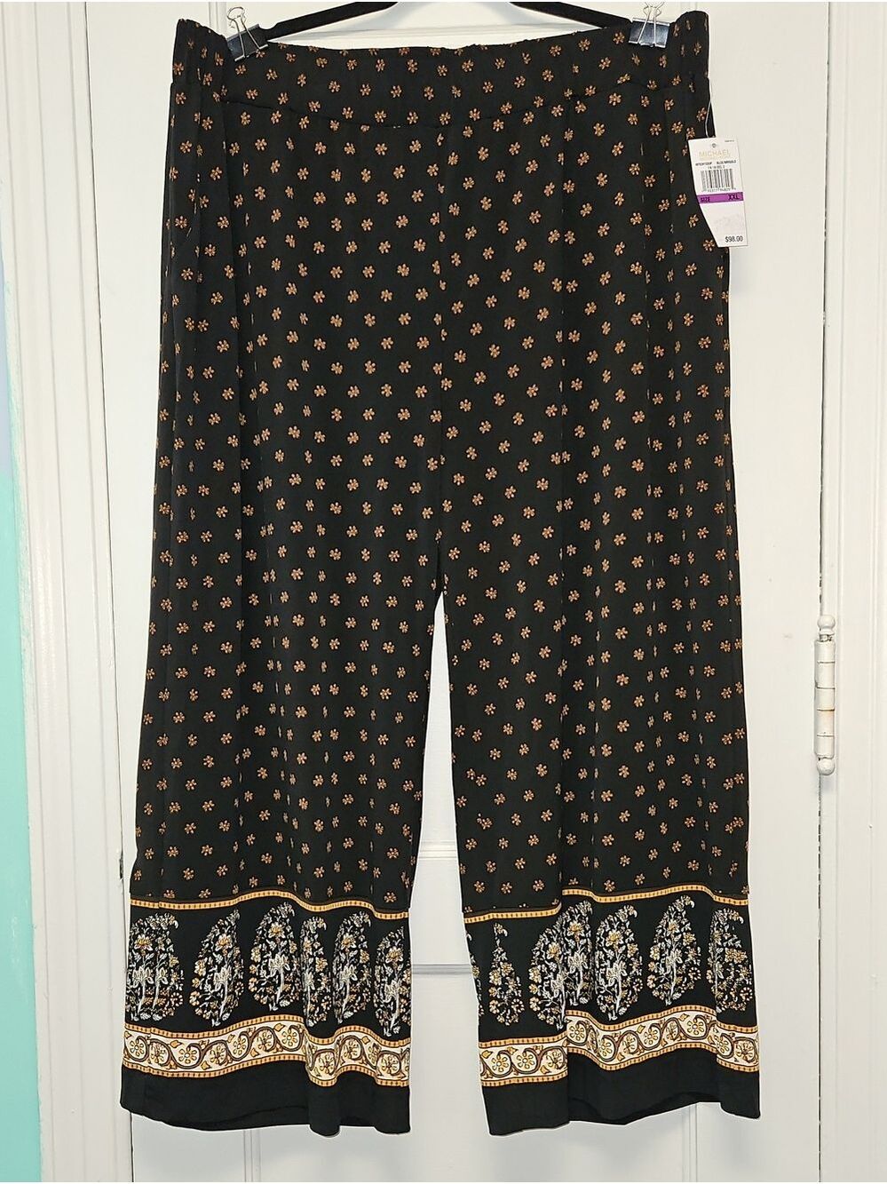 Micheal Kors Black Wide-Leg Pants with Gold Floral Border